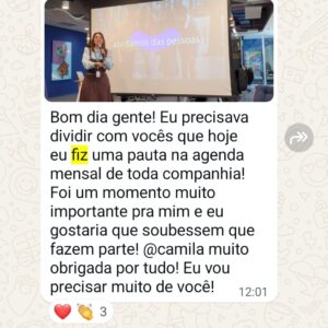 Depoimento no WhatsApp de aluna comemorando participação em evento