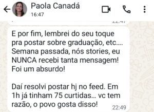 Depoimento no WhatsApp de aluna sobre pós-graduação