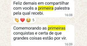Depoimento no WhatsApp de aluna comemorando conquistas