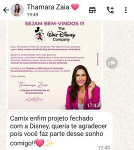 Depoimento no WhatsApp de aluna comemorando projeto com a Disney